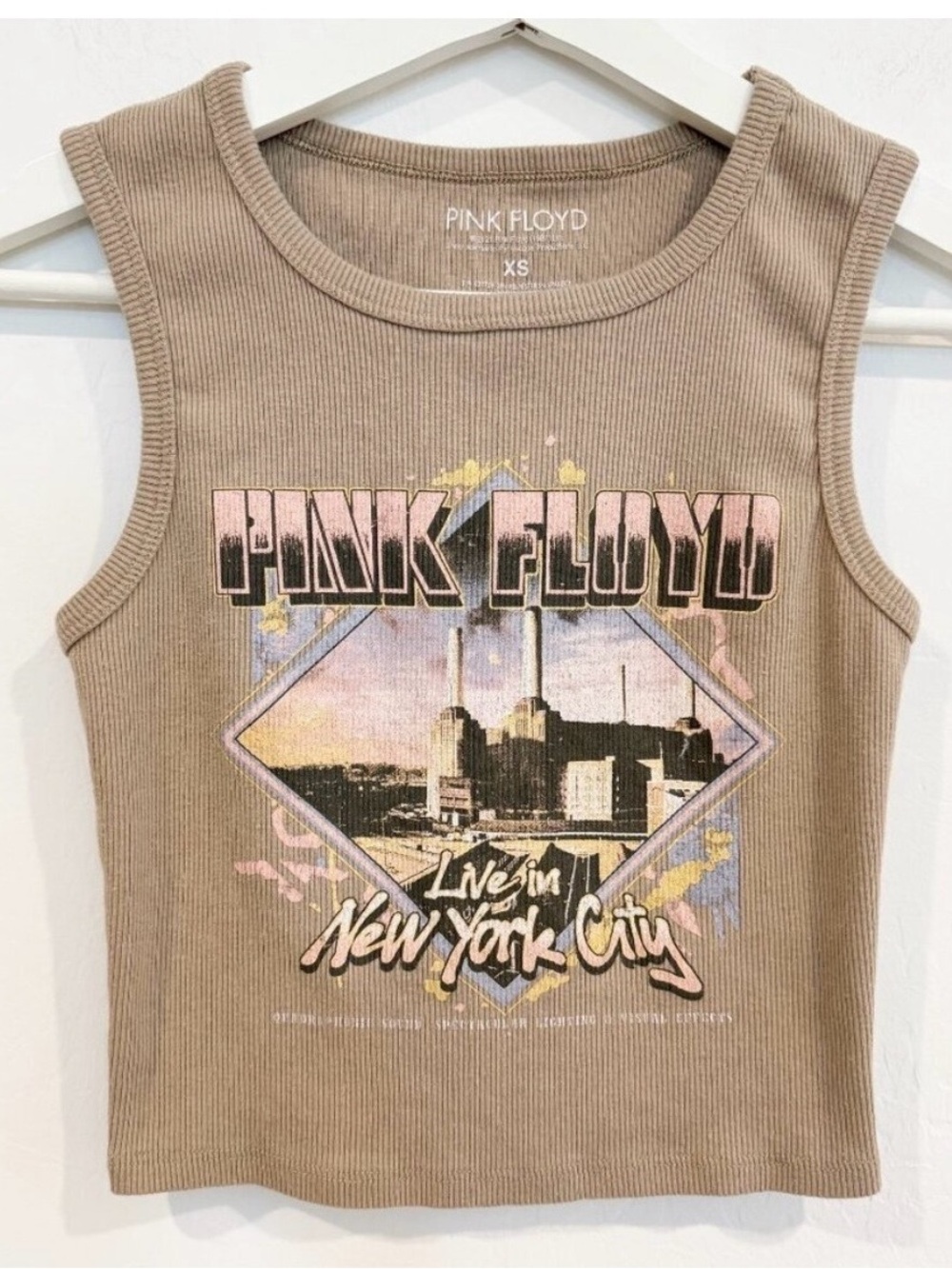 Tank‎ Top Size XS Ribbed Cropped Pink Floyd Band Graphic Indie Grunge Streetwear